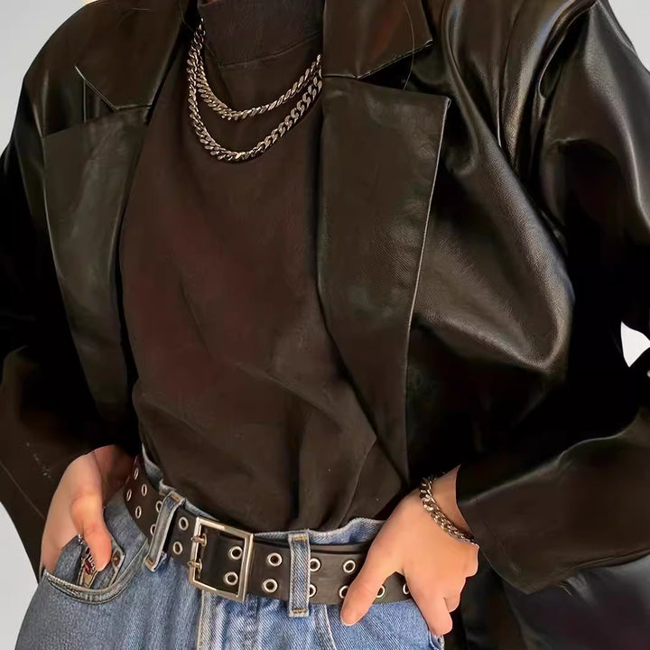 Women Oversized Blazer in Leather Look with Structured Shoulders Mune Fashion