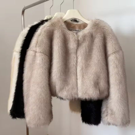 Women Cropped Faux Fur Bomber with Round Neck, Soft Draping High Pile and Boxy Silhouette Mune Fashion