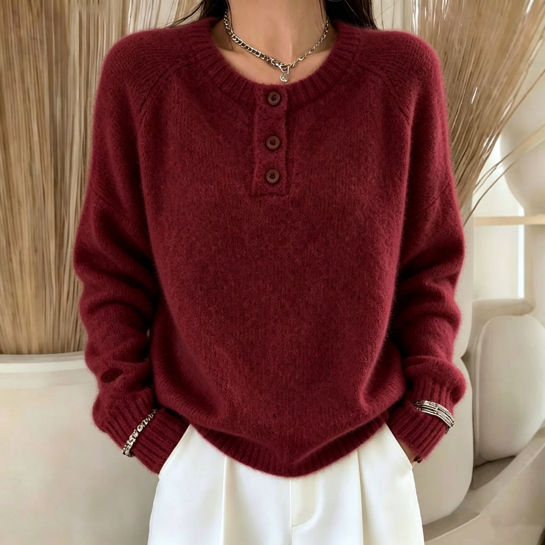 Women's Cozy Round Neck Henley Sweater with Button Placket and Raglan Sleeves Mune Fashion