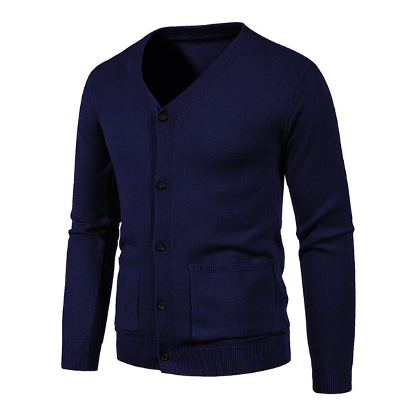Men's fine-knit cardigan with V-neck, full button placket, and patch pockets Mune Fashion
