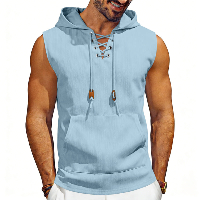 Men's sleeveless hooded vest with lace-up V-neck, kangaroo pocket, and casual fit Mune Fashion