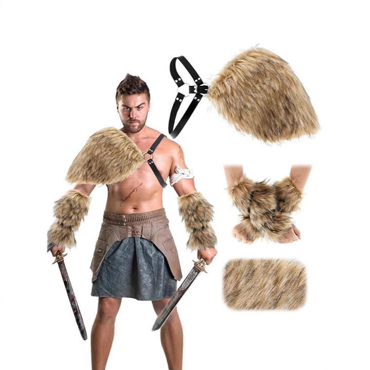 Men's Warrior Costume Accessory Set made of faux fur with shoulder drape, arm guards, and adjustable leather harness Mune Fashion