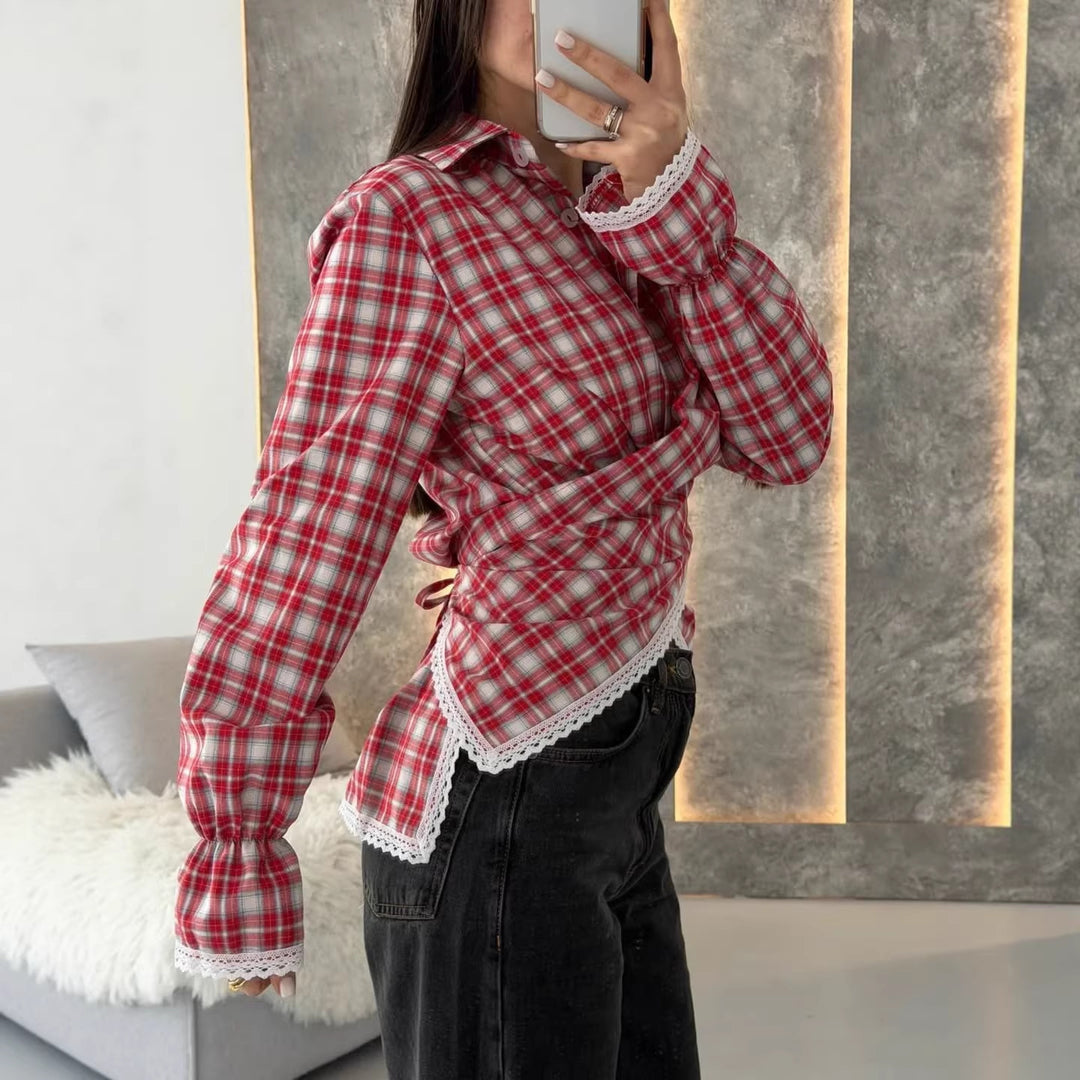 Women's checked shirt with lace trim and asymmetrical wrap hem Mune Fashion
