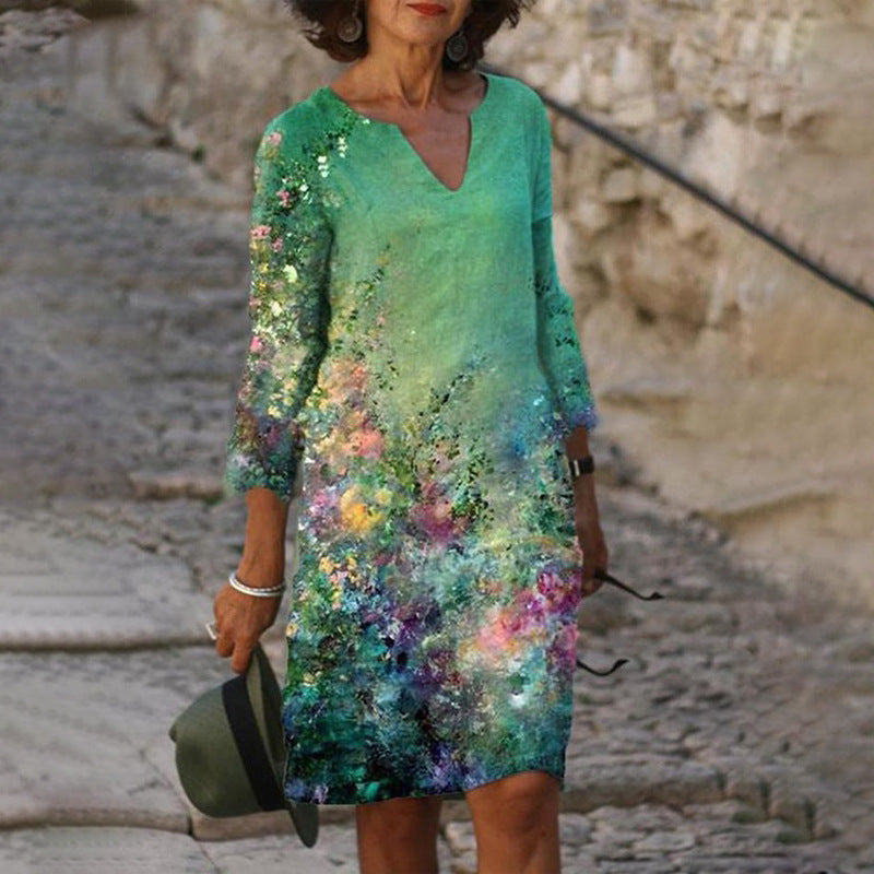 Ladies casual linen dress with V-neck and floral all-over pattern, knee-length with three-quarter sleeves Mune Fashion