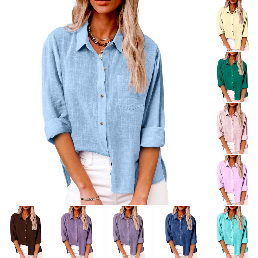 Women's oversized linen-cotton blend shirt blouse with breast pocket and roll-up sleeves Mune Fashion
