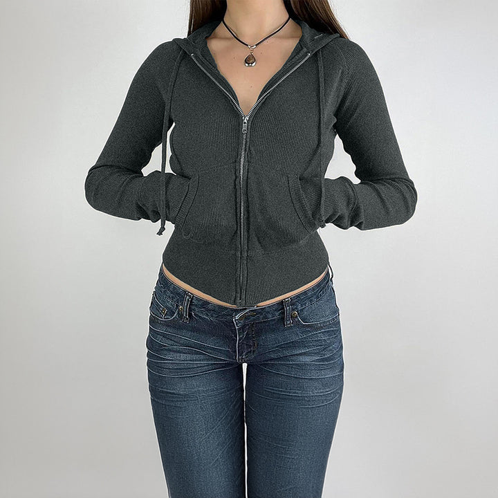 Women’s narrow cut fine knit hoodie jacket with metal zipper, kangaroo pockets and thumb hole cuffs Mune Fashion