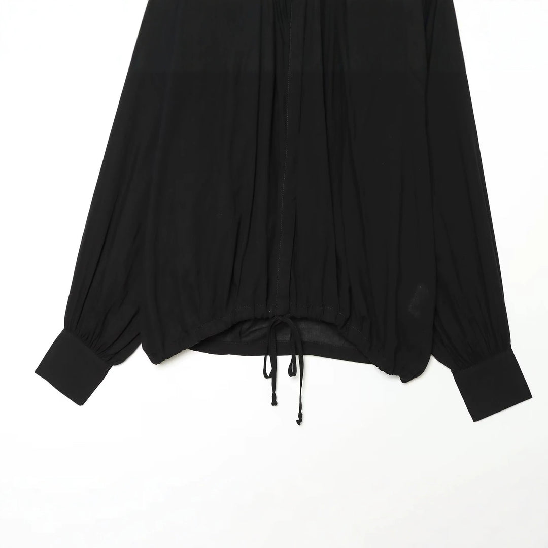 Women Voluminous Blouse with Stand-Up Collar, Ruffles and Drawstring Mune Fashion