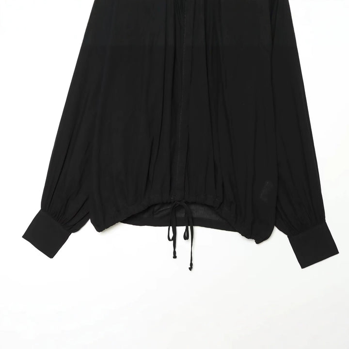 Women Voluminous Blouse with Stand-Up Collar, Ruffles and Drawstring Mune Fashion