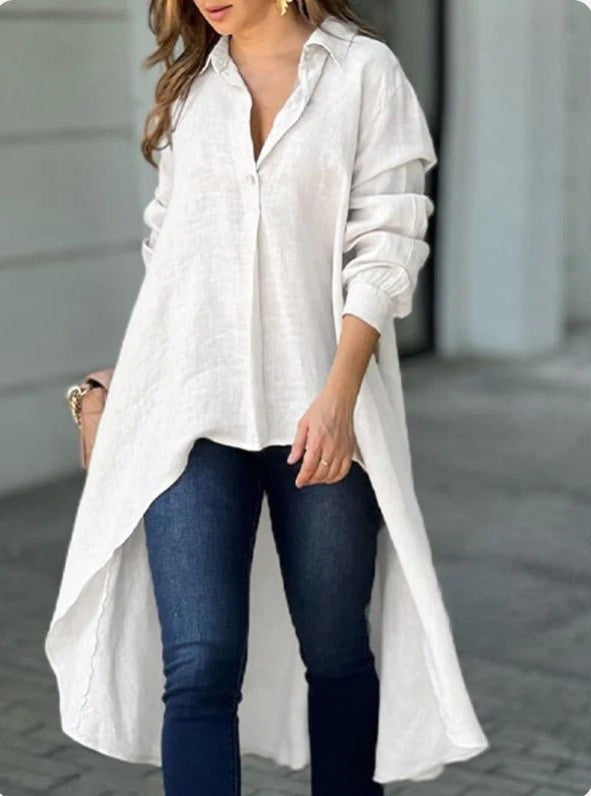 Women Lightweight Linen Tunic Blouse with Asymmetric High-Low Tail and Shirt Collar Mune Fashion
