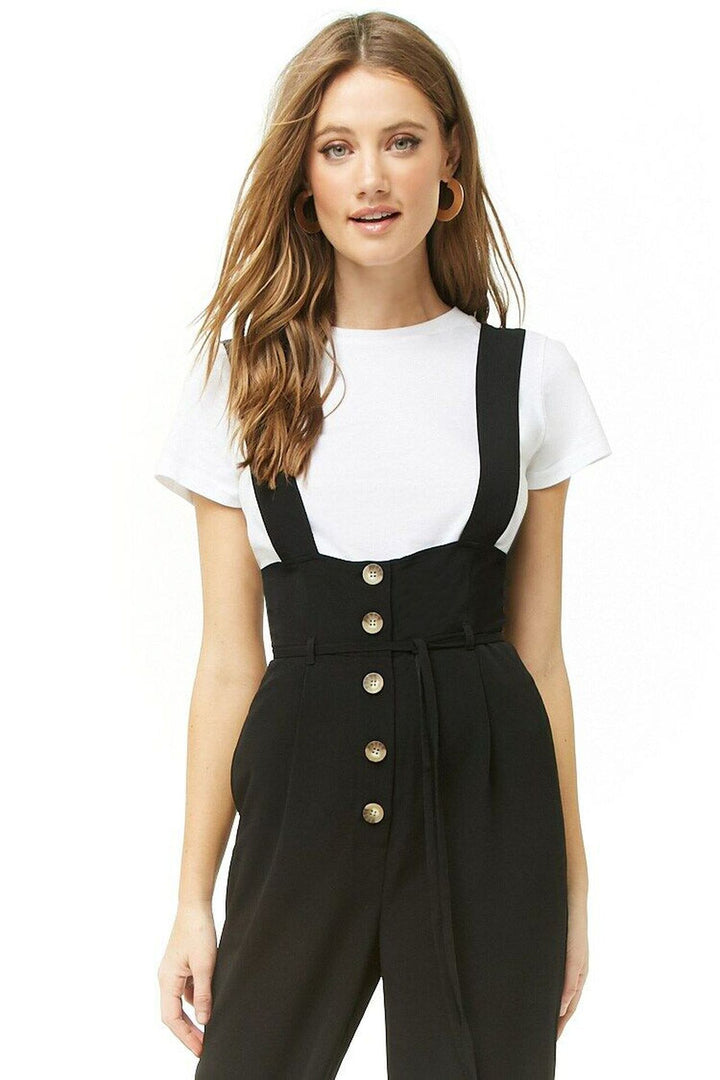 Women's High-Waist Overall Jumpsuit with Button Placket and Wide Straps Mune Fashion