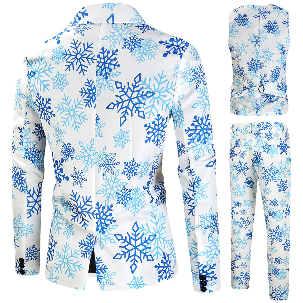 Men's Christmas three-piece suit set with jacket, vest, and trousers in all-over reindeer-tree pattern Mune Fashion