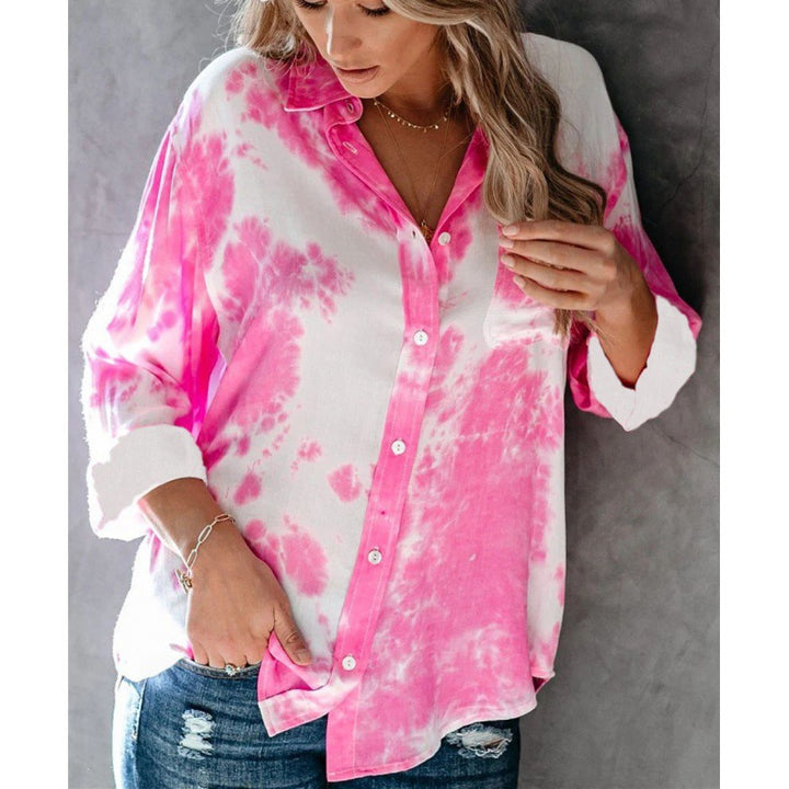 Women's Loose Tie-Dye Button-Up Top with Chest Pocket and Roll-Up Sleeves Mune Fashion