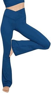 Women's mid-rise yoga pants with crossover waistband and flared hem with slit Mune Fashion