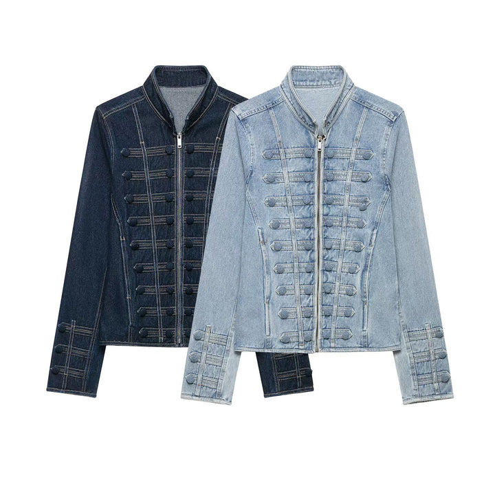 Women Tailored Denim Jacket with Military Galon Details and Stand Collar Mune Fashion