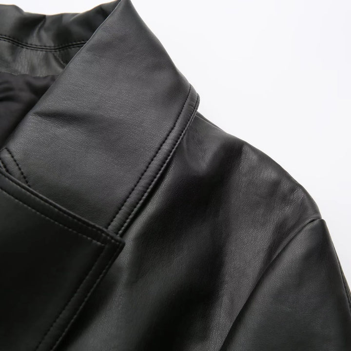 Women's vegan leather trench coat with shawl collar, tie belt and double-breasted Mune Fashion