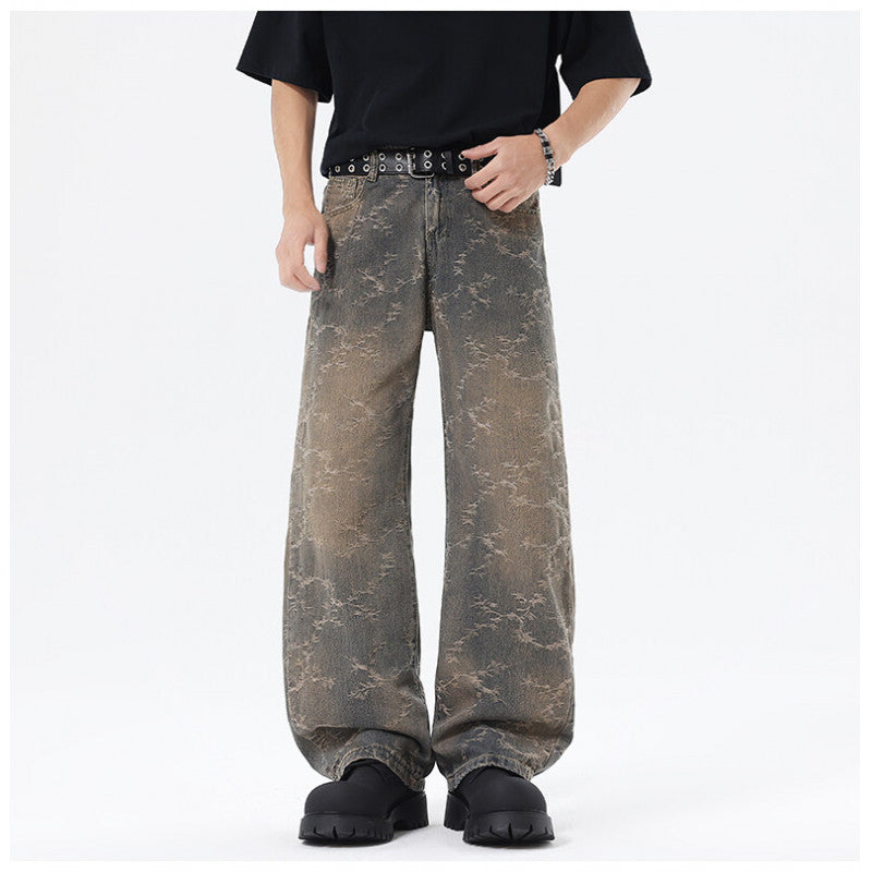 Men's Wide Cut Vintage Denim Pants in Baggy Look with Marble Wash and Low Crotch Mune Fashion