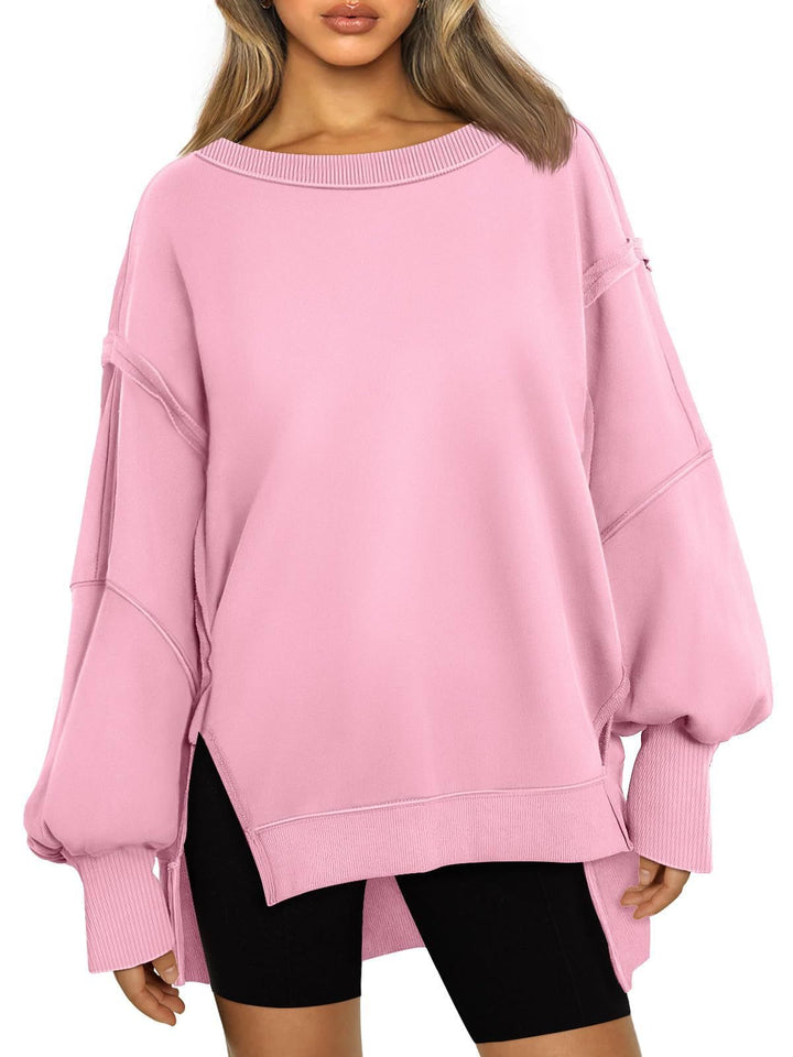Ladies Soft Longline Sweatshirt with Balloon Sleeves, Side Slits and Ribbed Hem Mune Fashion