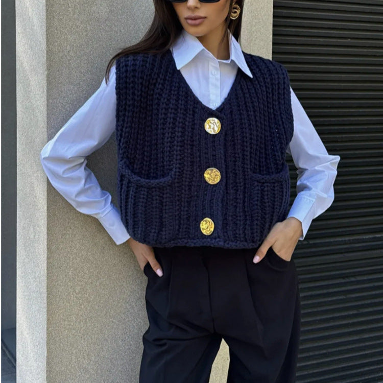 Women's Chunky Knit Cropped Vest with V-Neck and Gold Decorative Buttons Mune Fashion