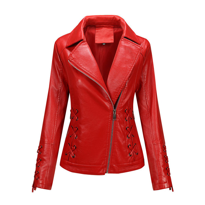Women's faux leather biker jacket with side lacing and asymmetric zipper Mune Fashion