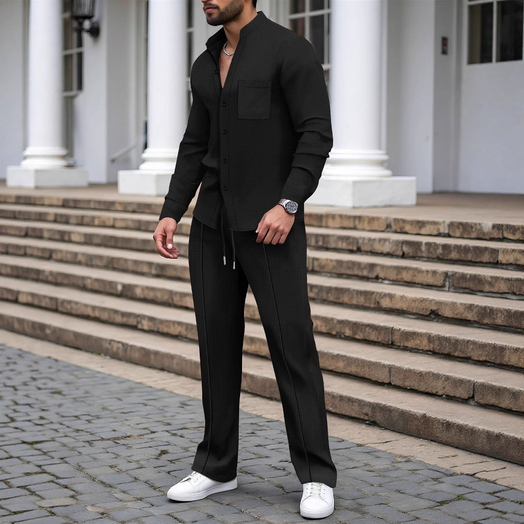 Men's Casual Shirt-Pant Lounge Set Made of Textured Cotton Blend Mune Fashion