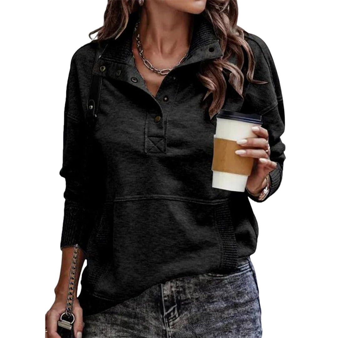 Women's sweat pullover with stand-up collar button placket and kangaroo pocket Mune Fashion