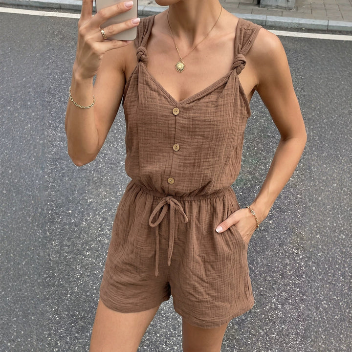Women's casual jumpsuit with button-down V-neck and elastic waistband Mune Fashion