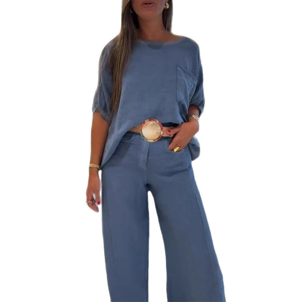 Women's casual linen blend two-piece set with boxy oversized top, patch pocket, and wide palazzo pants Mune Fashion