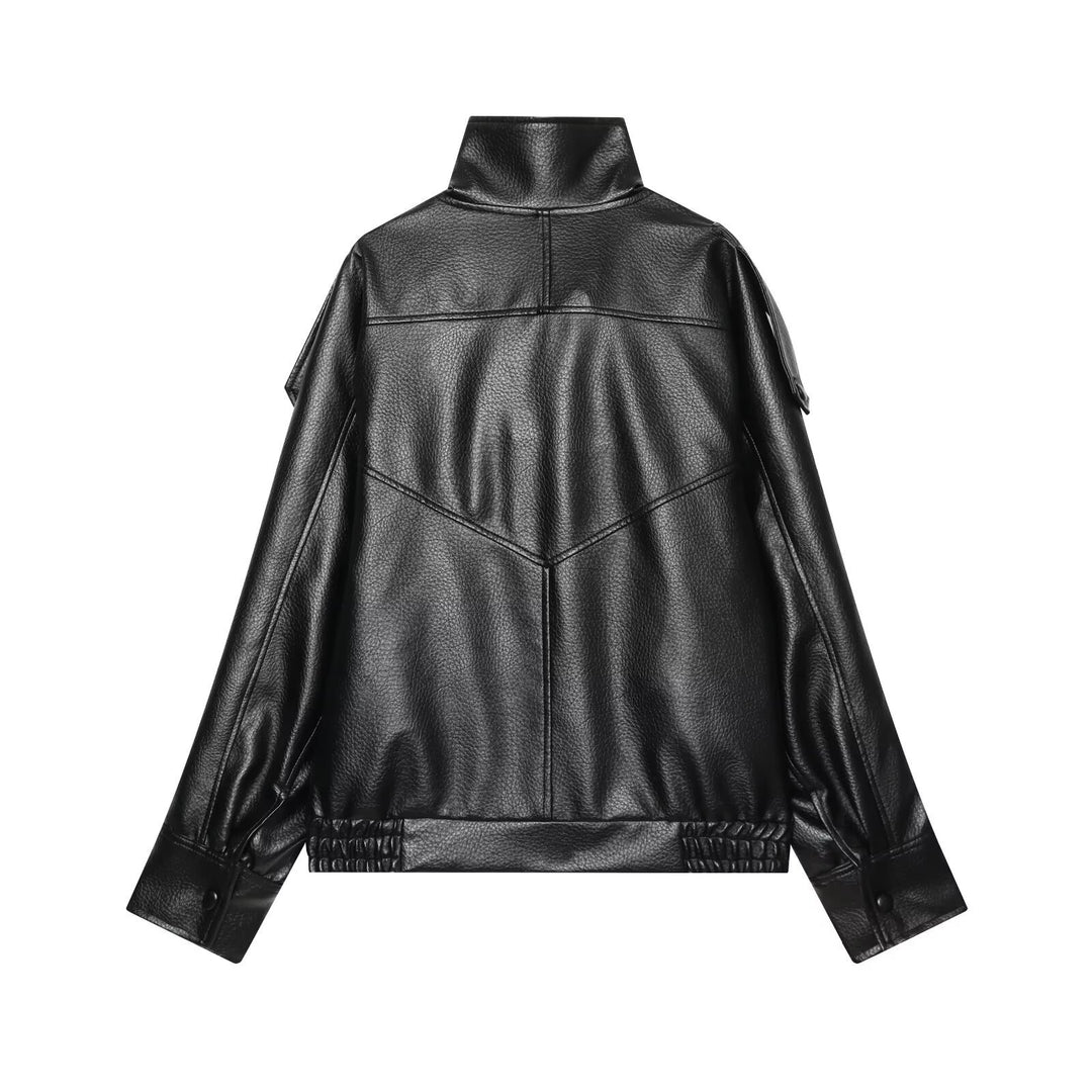 Women's short jacket in asymmetrical biker-trench style made of vegan leather look with high stand-up collar Mune Fashion