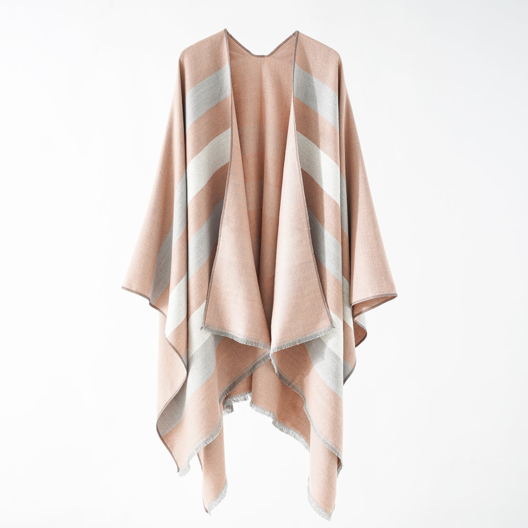 Women's Fine Wool Blend Cape with Diagonal Stripe Structure and Fringed Hem Mune Fashion