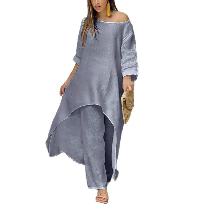 Women's oversized linen two-piece set with asymmetrical tunic and loose Marlene pants Mune Fashion