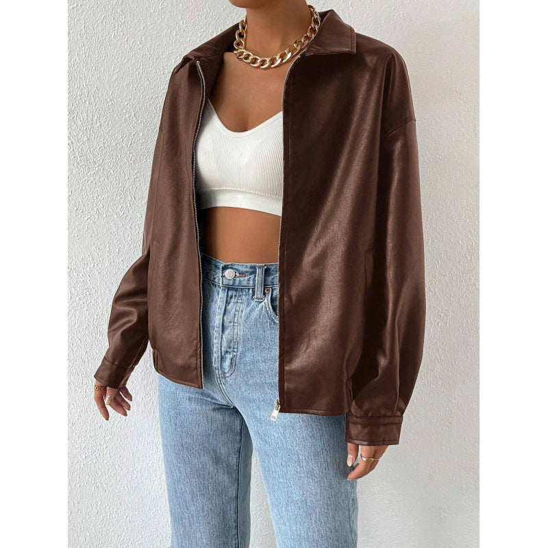Women Oversized Faux Leather Blouson with Zipper and Shirt Collar Mune Fashion