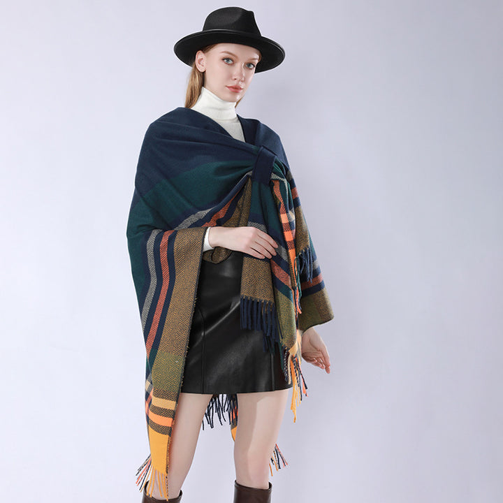 Women's Oversize Poncho Wrap with Drawstring, Check Pattern and Fringe Hem Mune Fashion