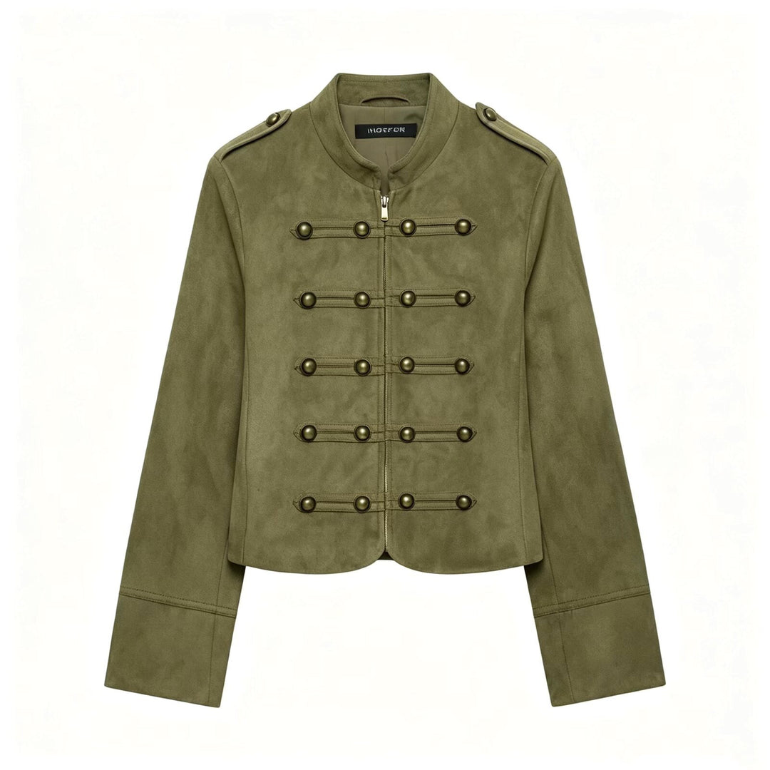 Women’s short military-style jacket made of velour imitation with stand-up collar, epaulettes, and decorative button placket Mune Fashion