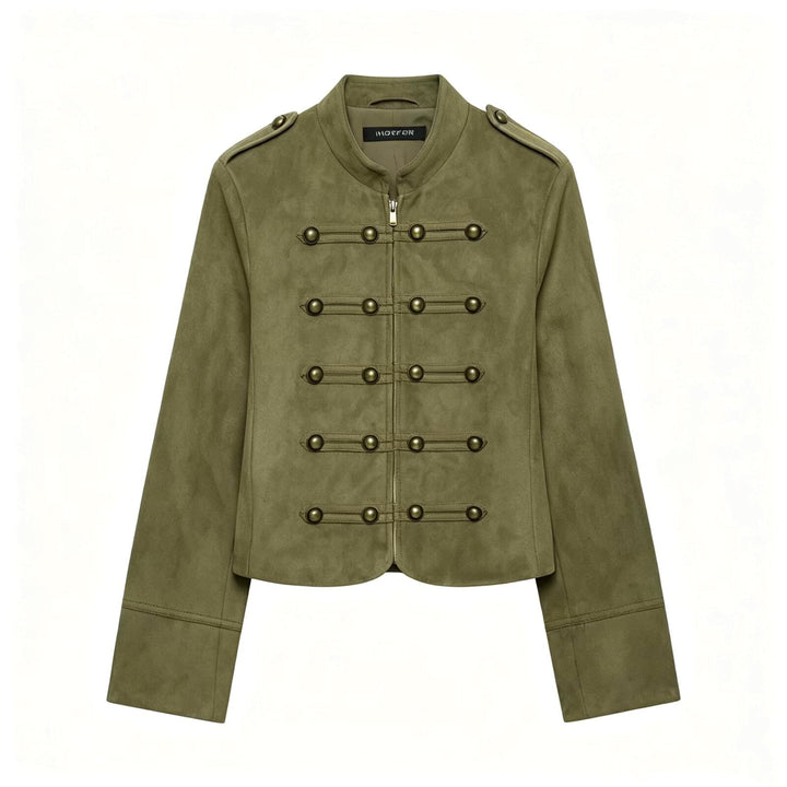 Women’s short military-style jacket made of velour imitation with stand-up collar, epaulettes, and decorative button placket Mune Fashion