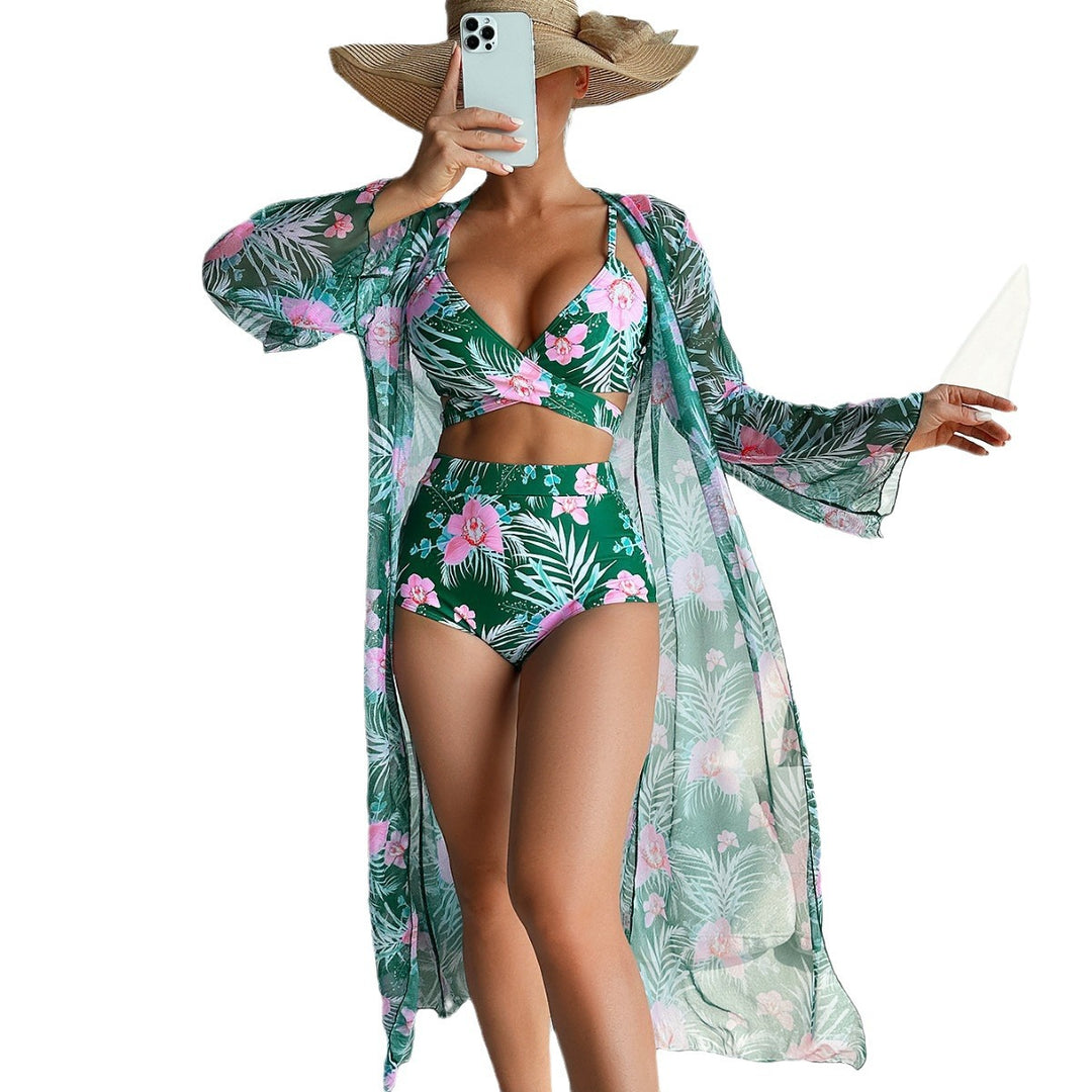 Women's bikini set with floral pattern and transparent wrap jacket Mune Fashion