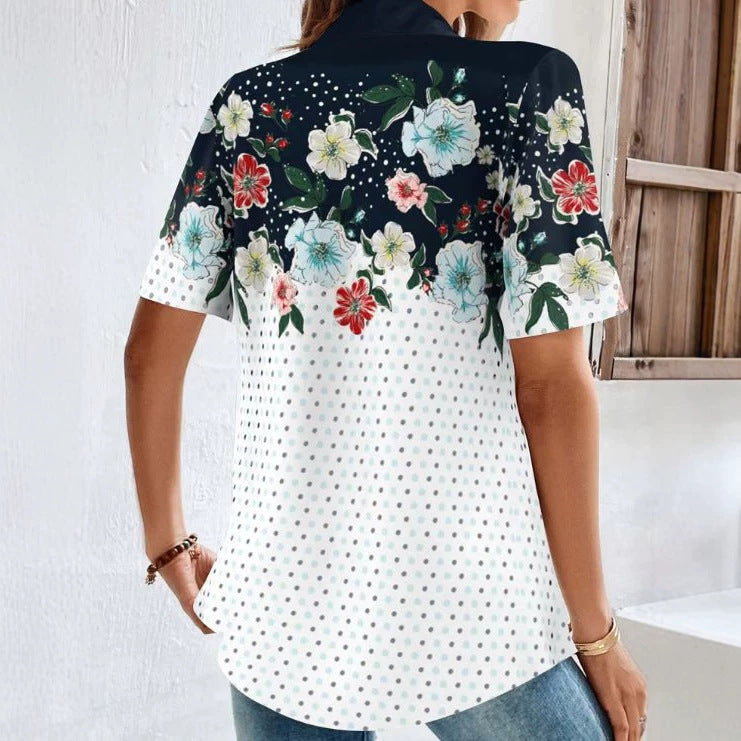 Women's Short Sleeve Polo Collar Tunic with Floral Yoke and Allover Polka Dot Print Mune Fashion