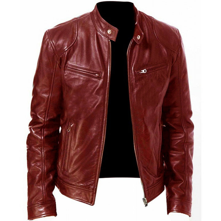 Men's slim genuine leather biker jacket with stand-up collar, two zippered chest pockets and straight silhouette Mune Fashion