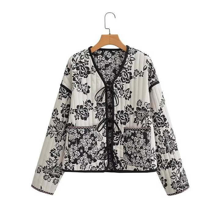 Women's Quilted Short Jacket with Floral Allover Print and Tie Ribbons Mune Fashion