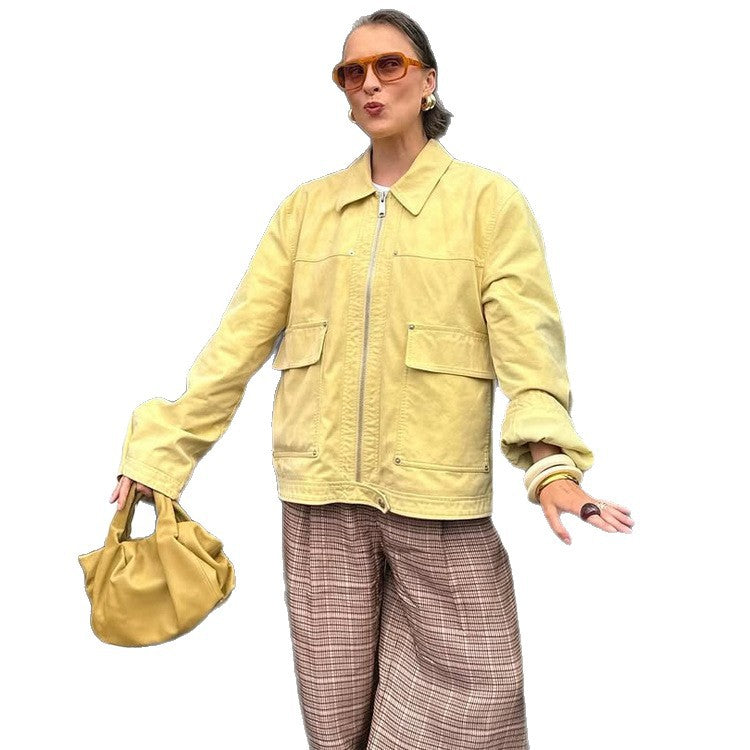 Women's Boxy-Canvas-Jacket with Zipper, Flap Pockets and Waist Drawstring Mune Fashion