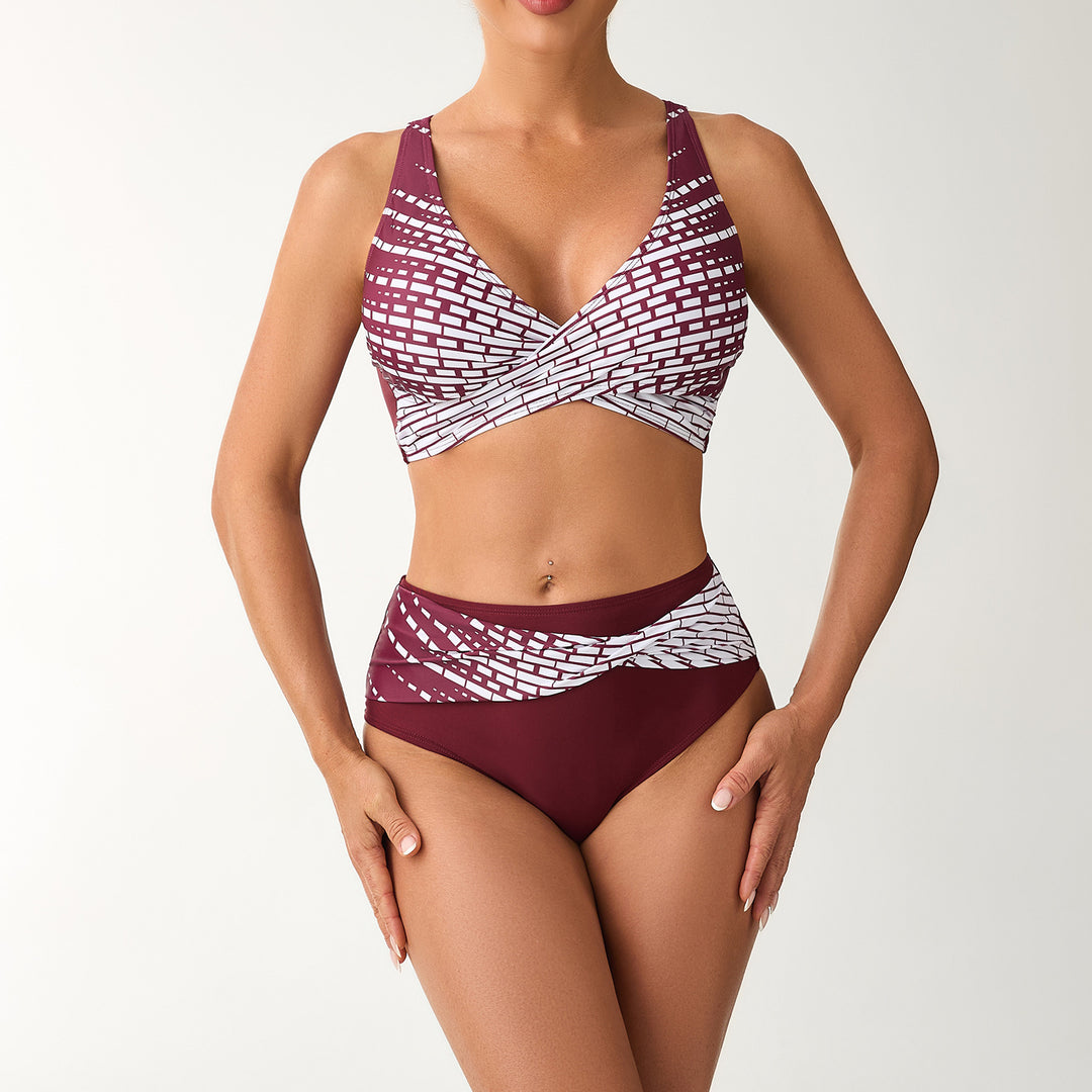Women's High-Waisted Bikini Set with Laced Top and Graphic Accents Mune Fashion