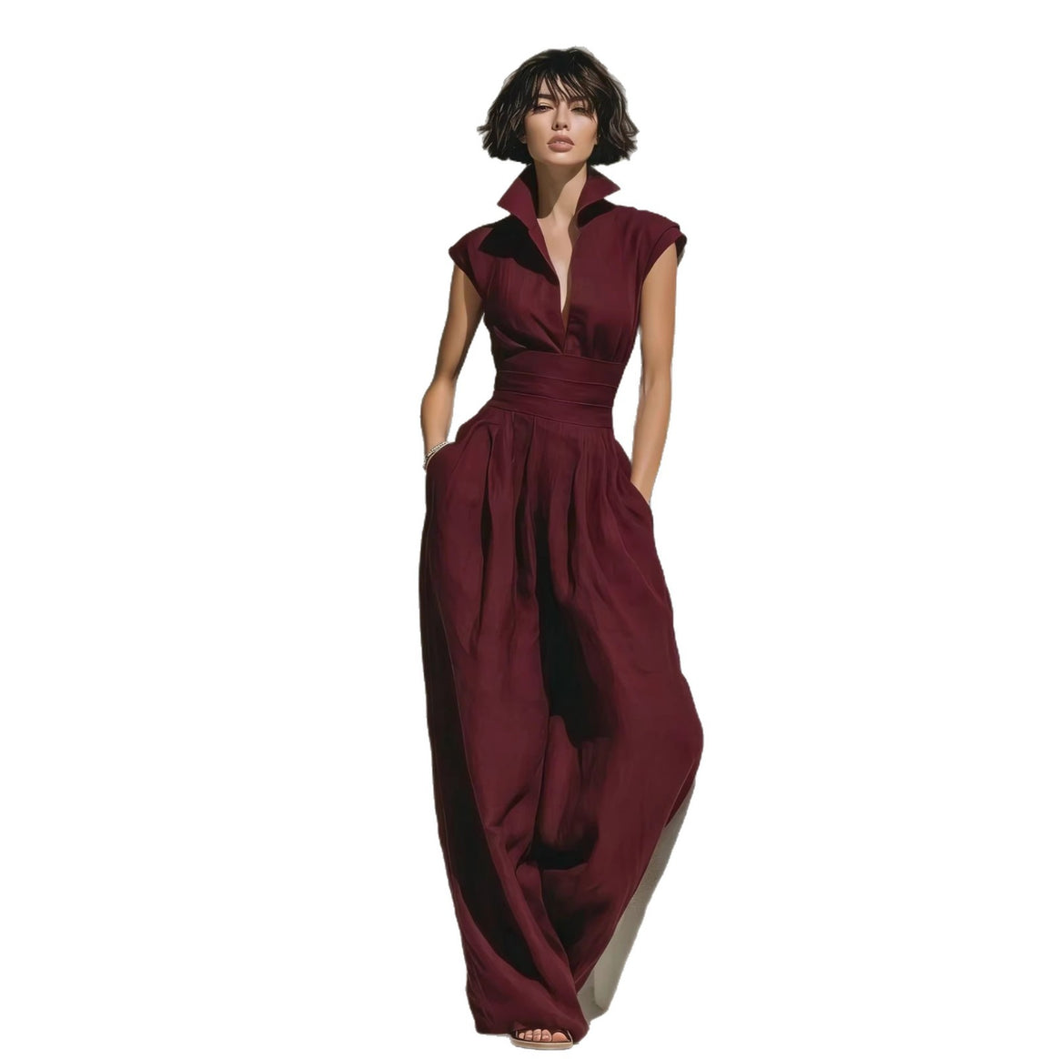 Women's jumpsuit with wide leg, tailored wrap waistband and standing collar Mune Fashion