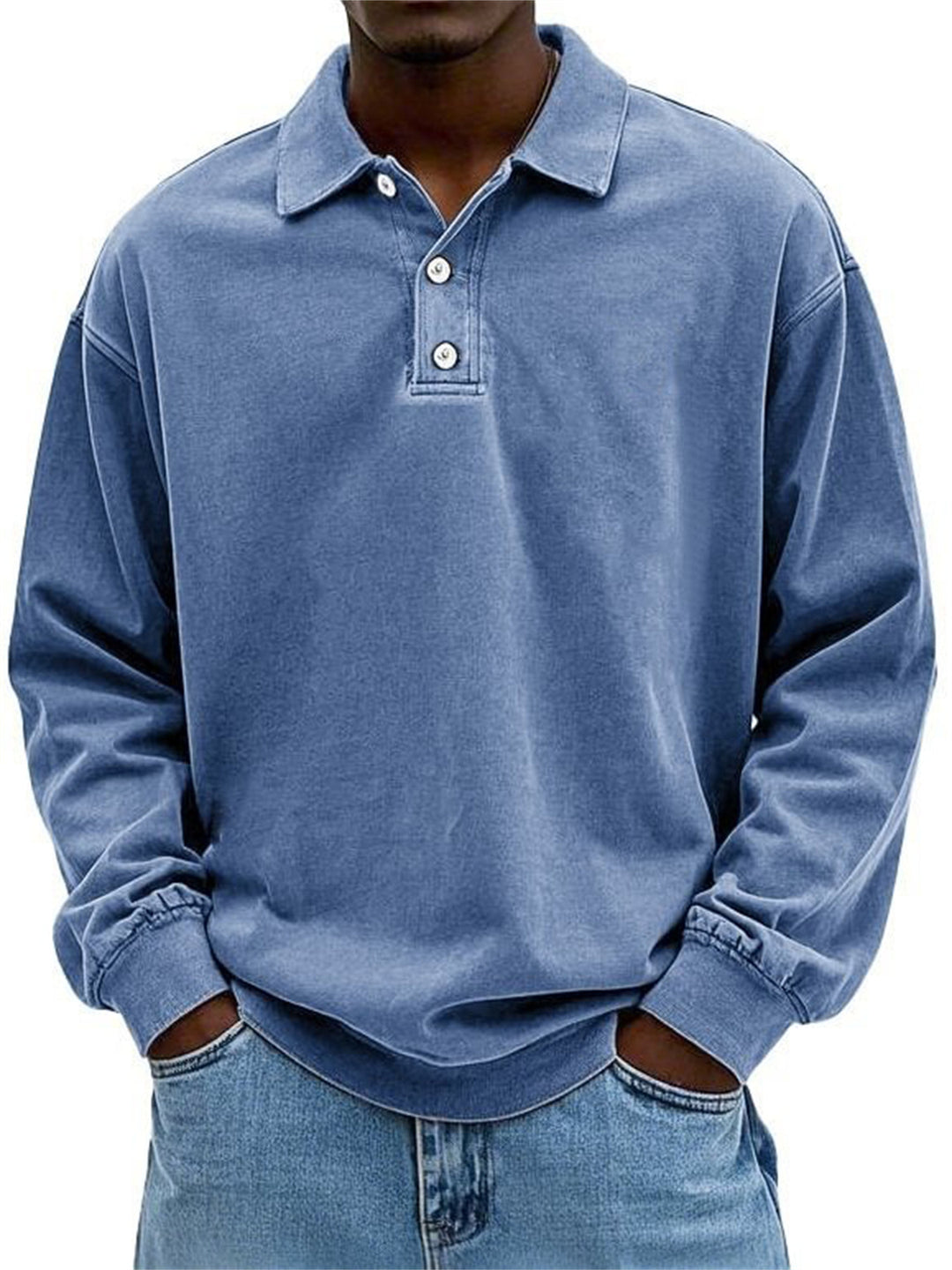 Men's Oversize Denim Look Polo Sweatshirt with Short Button Placket and Elastic Cuffs EB