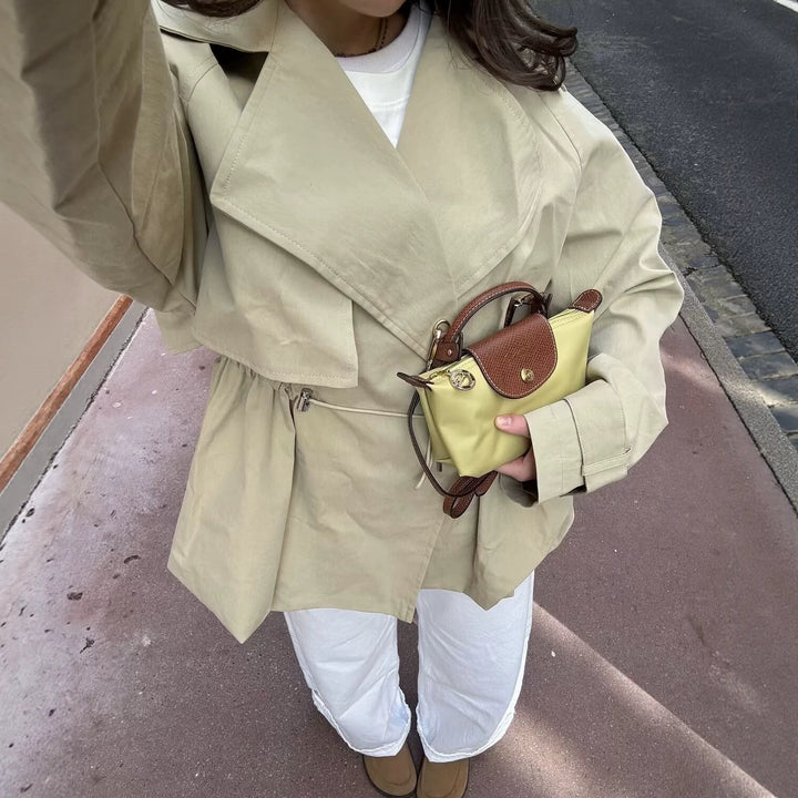 Women Short Transitional Jacket with Drawstring Waist, Wide Lapel and Checked Lining Mune Fashion