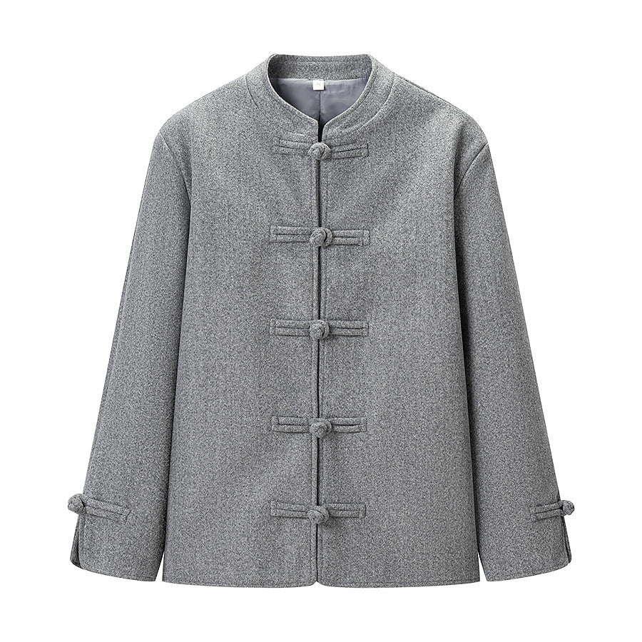 Women's Wool Look Short Jacket with Stand-Up Collar and Knot Closures Mune Fashion