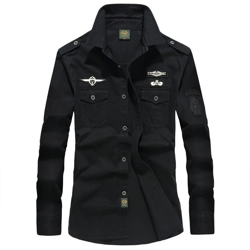 Men's military-inspired long-sleeve utility shirt with shoulder epaulettes, patch breast pockets, and badge Mune Fashion