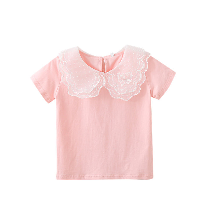 Girl T-shirt with elegant lace insert and large collar Mune Fashion