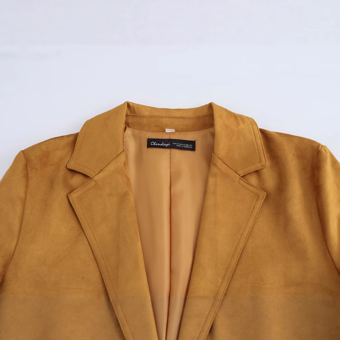 Women's Long Cut Suede Look Blazer with Notch Collar and Flap Pockets Mune Fashion