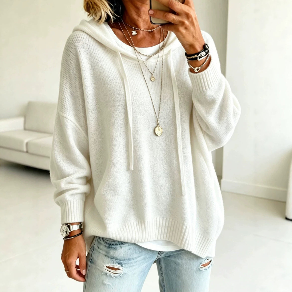 Women Oversize Hoodie Sweater made of fine knit with ribbed cuffs Mune Fashion