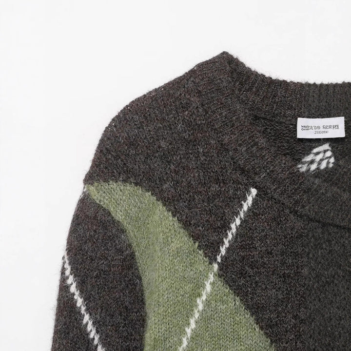 Women oversized check knit sweater with round neck, oversized fit and ribbed hem Mune Fashion