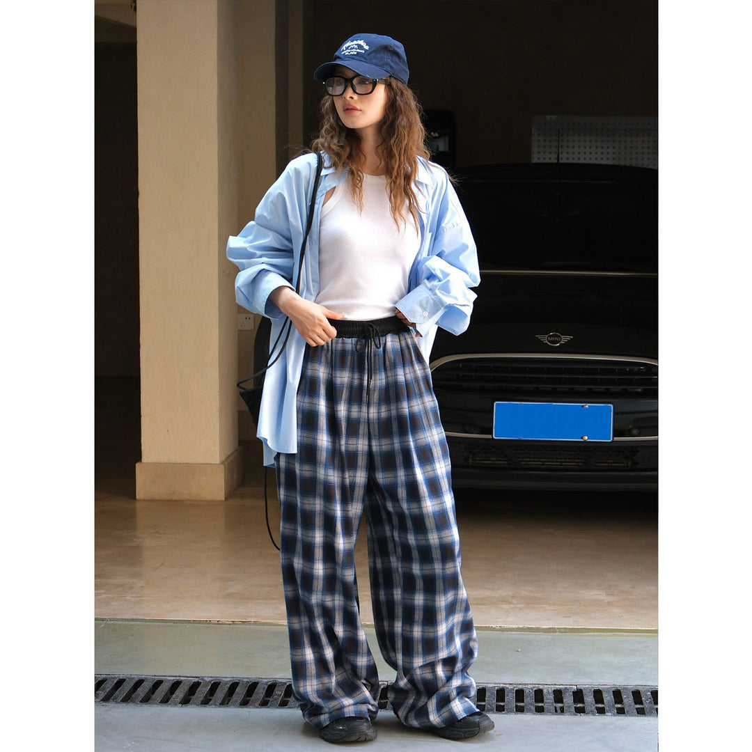 Women's wide checkered flannel palazzo pants with elastic waistband and drawstring Mune Fashion